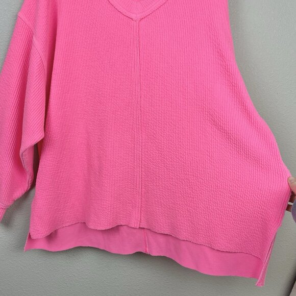 Aerie Women's Large Wonder Textured V-neck Sweatshirt Neon Bright Pink Relaxed - Picture 10 of 16